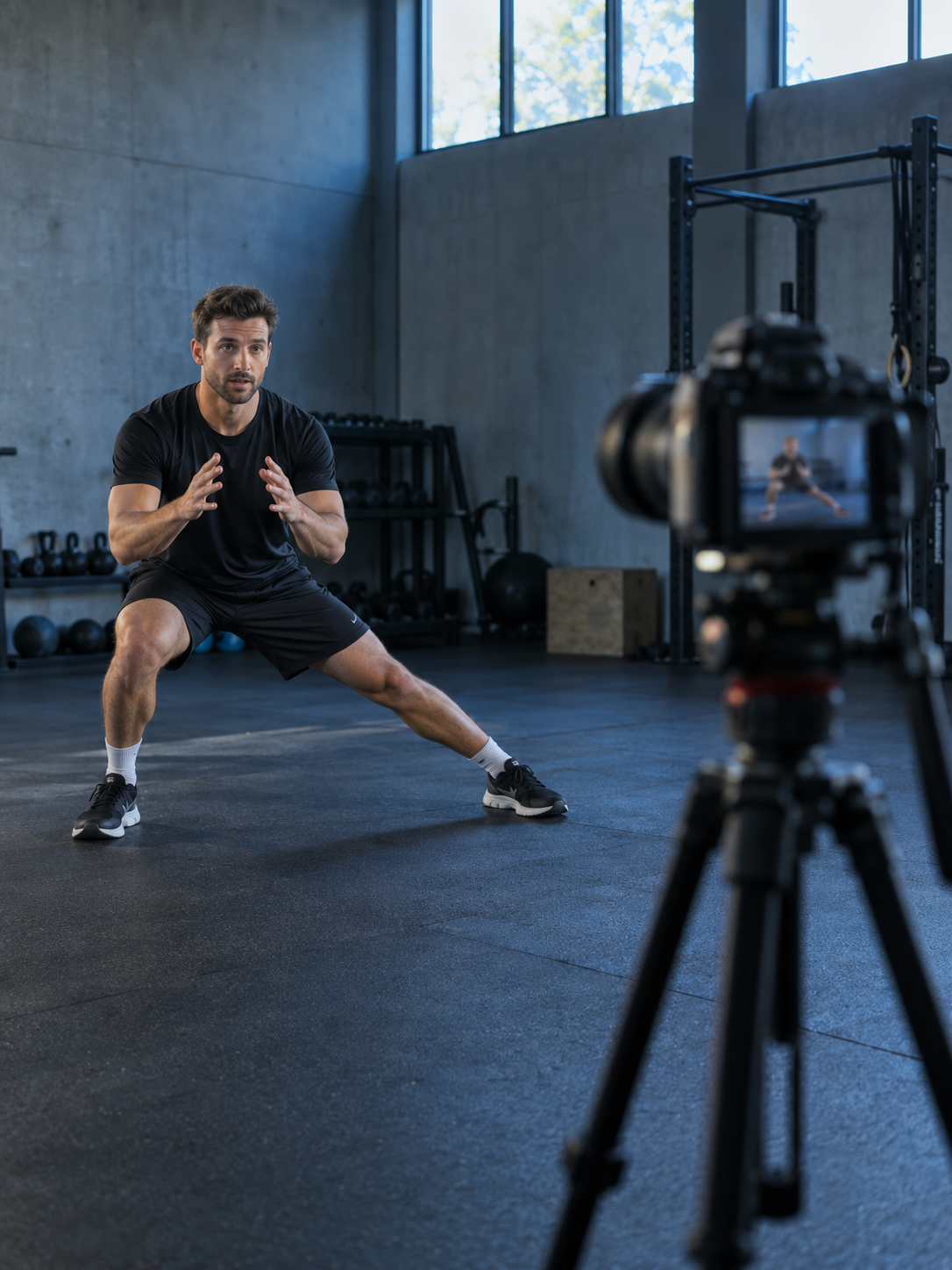 A sports coach recording an educational training session in a studio